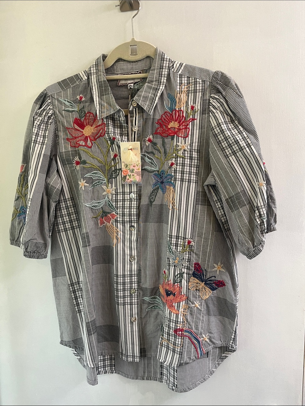 Johnny Was Workshop  Plaid Button-Up Blouse with Multicolor Floral Embroidery
